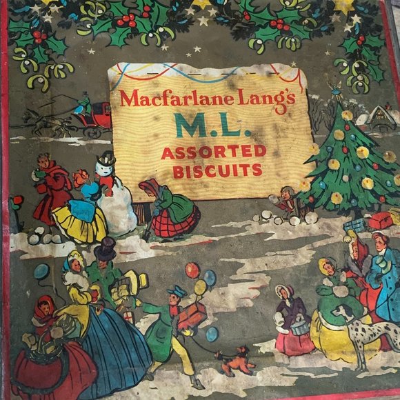 VTG 30s Christmas Tin Macfarlane Lang's M.L. Assorted Biscuits Cookies Holiday - Picture 9 of 13